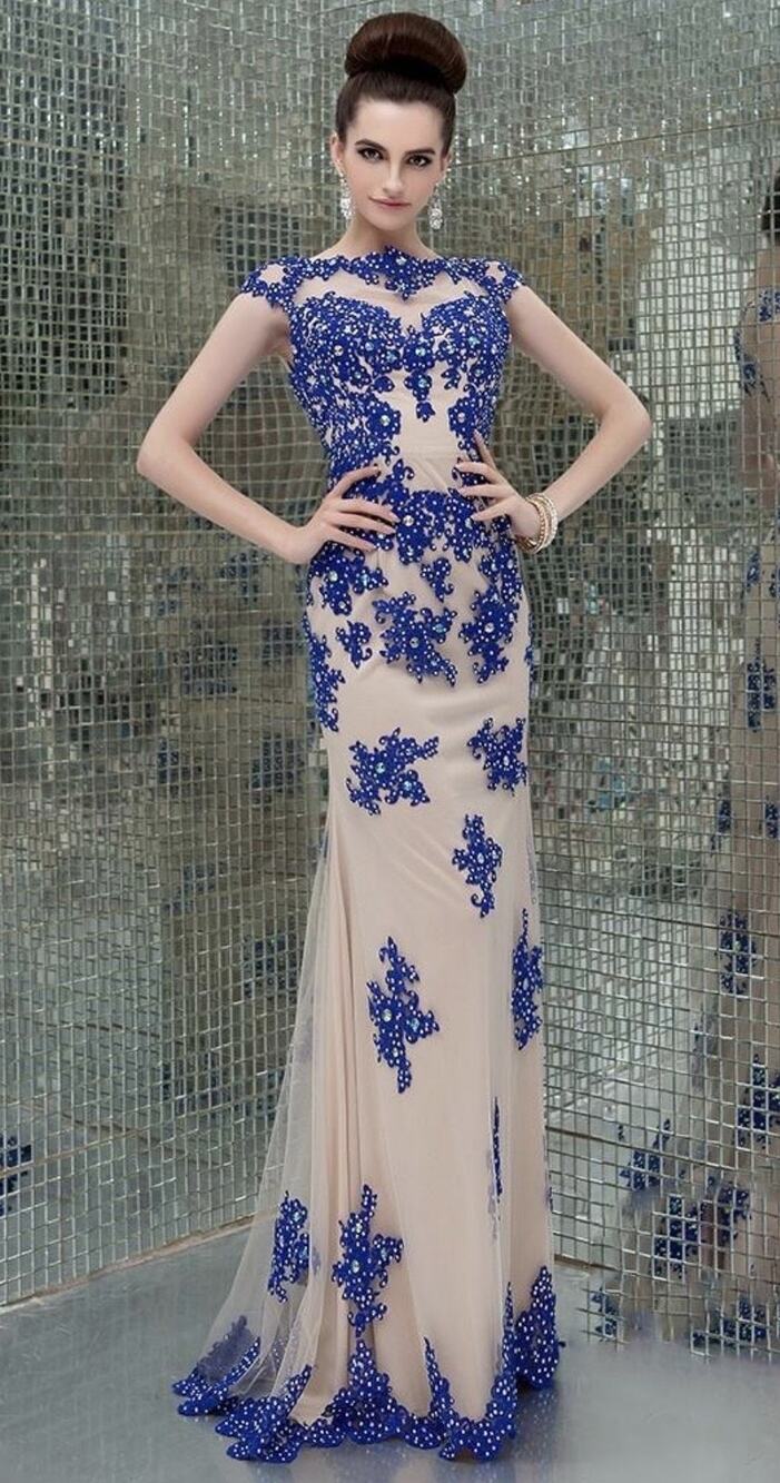 Angela & Alison Dress Womens 4 Blue Beaded Mesh Gown Open Back Formal